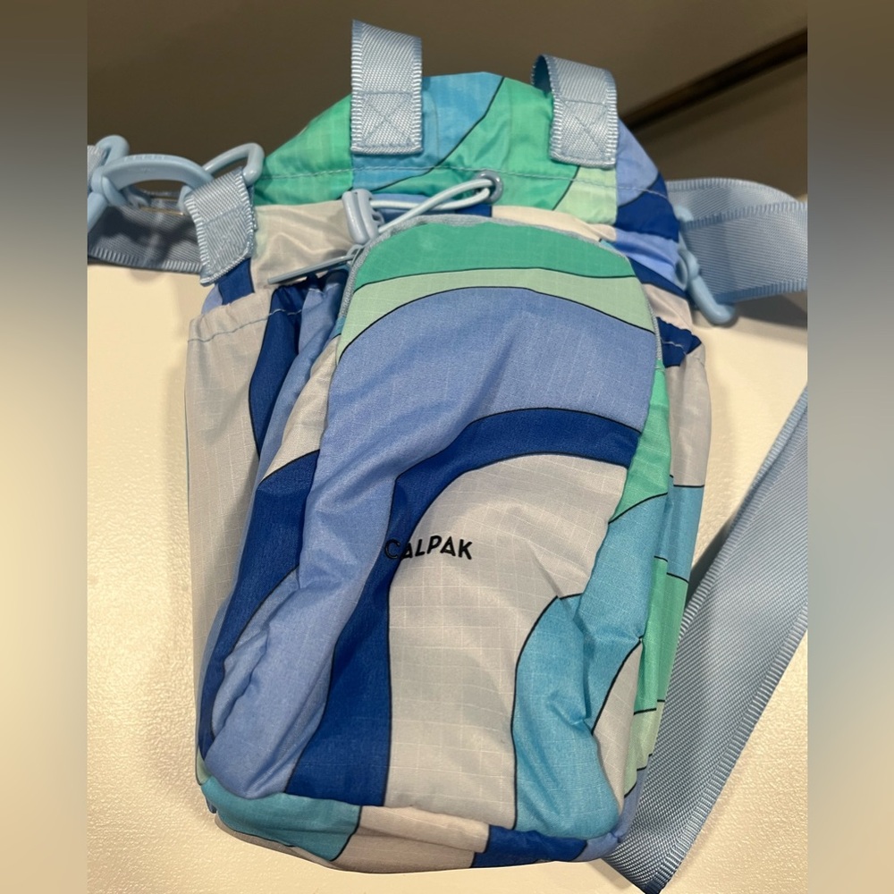 Calpak Blue Green Patterned Crossbody Water Bottle Bag